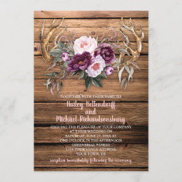 Invitación Boda de Antlers de Barn Wood Purple Plum Peonies