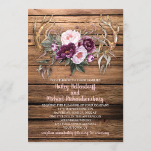 Invitación Boda de Antlers de Barn Wood Purple Plum Peonies