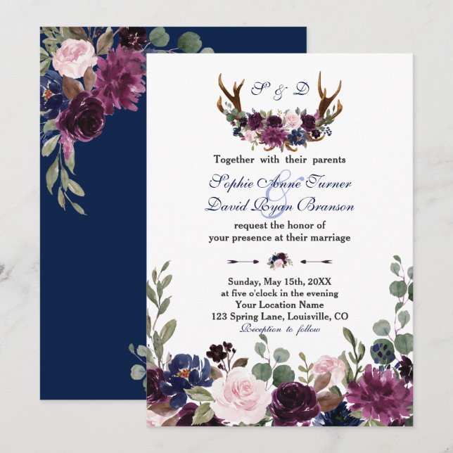 Invitación Boda de Antlers Floral Azul de la Marina Lavender (Anverso / Reverso)