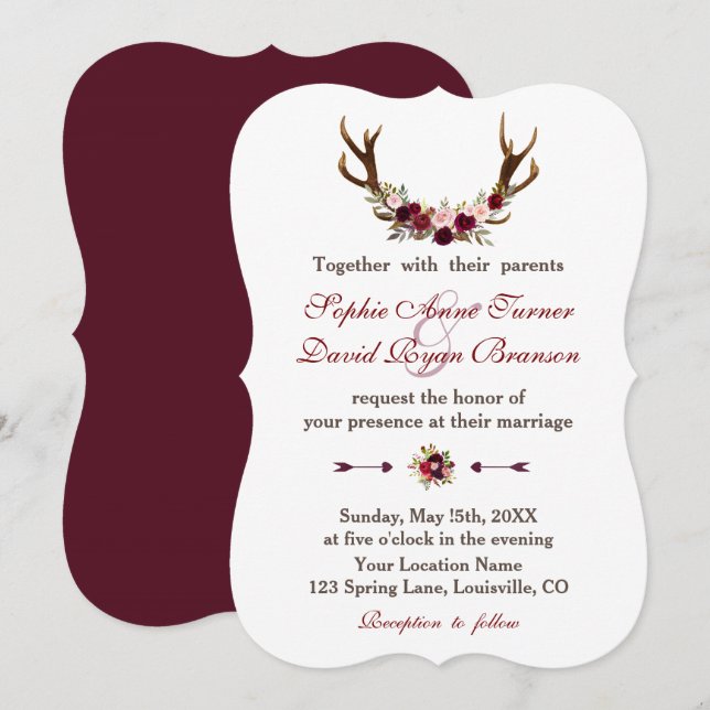 Invitación Boda de Antlers Florales Románticos de Borgoña Mar (Anverso / Reverso)