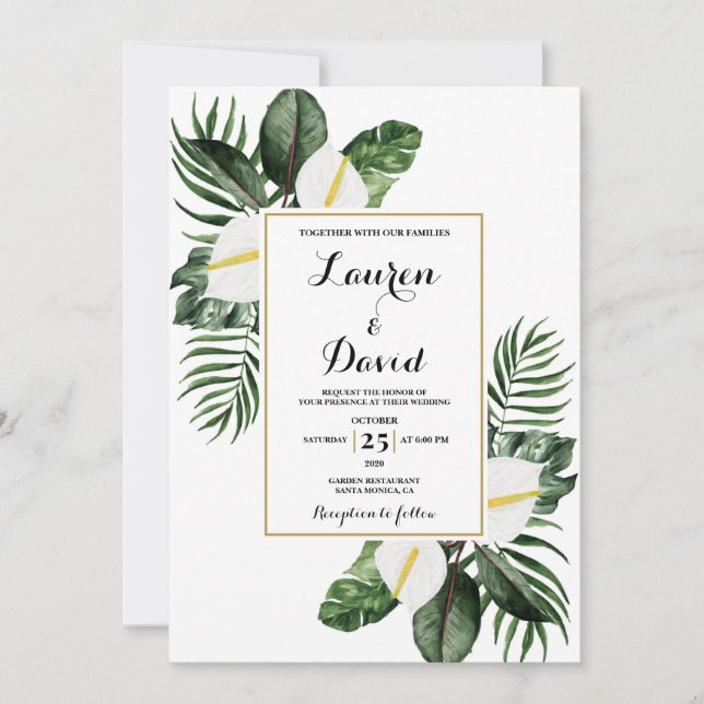 Invitación Boda de anturio blanco y vegetación (Anverso)