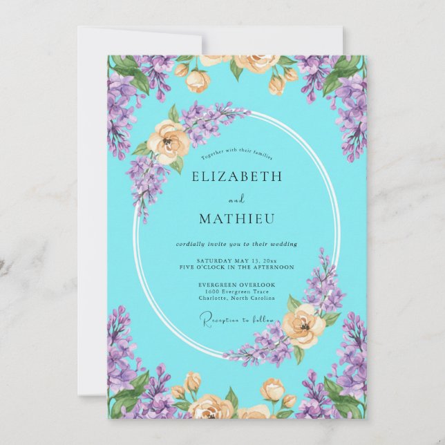 Invitación Boda de Aqua Lila Melocotón Eucalipto (Anverso)