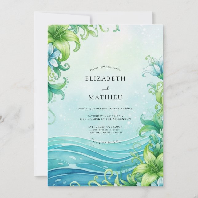 Invitación Boda de Aqua Ocean Wave Dusty Eucalyptus (Anverso)