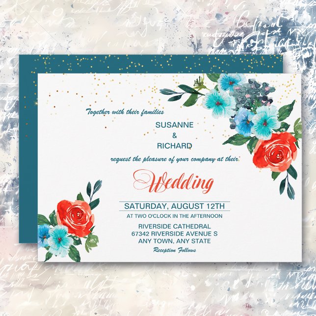 Invitación Boda de Aqua y Coral Floral Moderno (Subido por el creador)