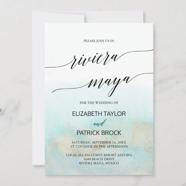 Invitación Boda de Aqua y Gold Beach Riviera Maya (Anverso)
