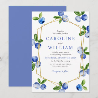 Invitación Boda de arándanos en acuarela elegante azul