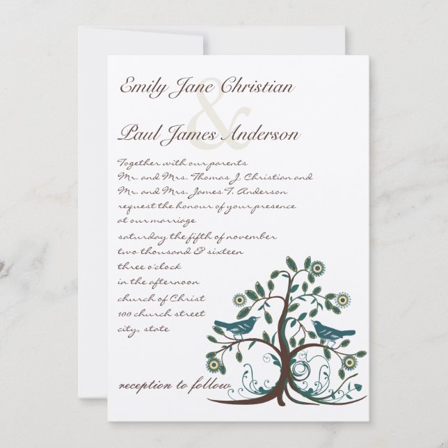 Invitación Boda de árbol amarillo y marrón Verde azulado capr (Anverso)