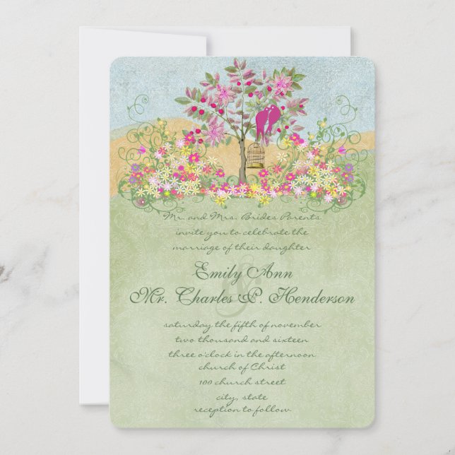 Invitación Boda de árbol Aves de flores verdes rosadas (Anverso)