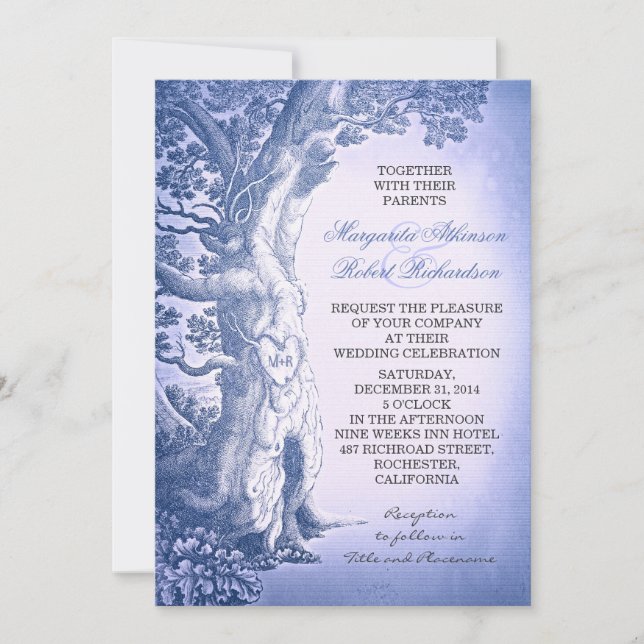 Invitación Boda de árbol de amor rústico de color azul turbio (Anverso)