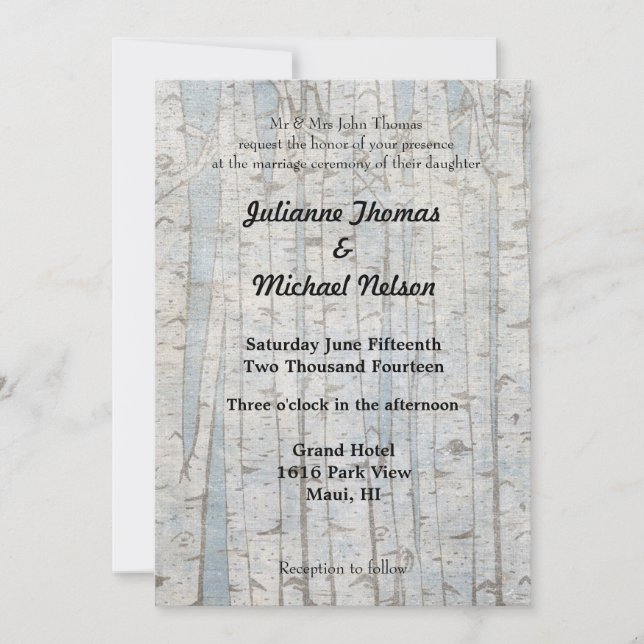 Invitación Boda de árbol de birch blanco (Anverso)