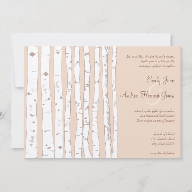 Invitación Boda de árbol de birch Silver Peony Russet Lite (Anverso)