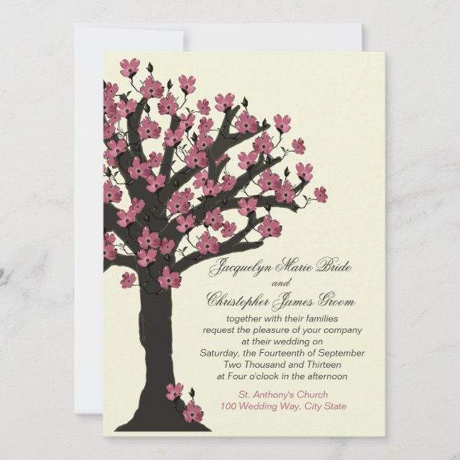 Invitación Boda de árbol de dogwood con flores rosas (Anverso)