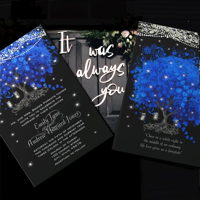 Invitación Boda de árbol de hoja cardíaca de opulencia azul c (Subido por el creador)
