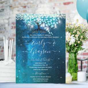 Invitación Boda de árbol de hoja de corazón azul elegante acu
