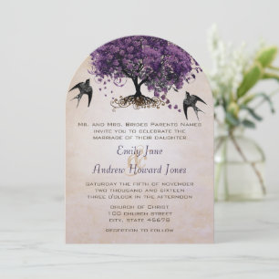 Invitación Boda de árbol de hoja en forma de corazón púrpura