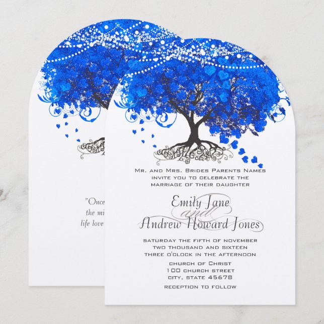 Invitación Boda de árbol de hojas de corazón azul cobalto (Anverso / Reverso)