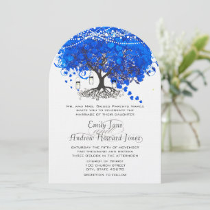 Invitación Boda de árbol de hojas de corazón azul cobalto