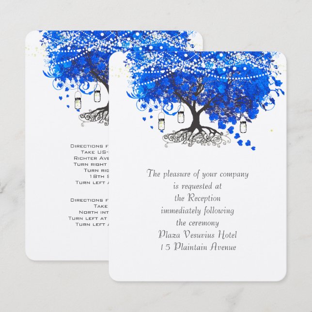 Invitación Boda de árbol de hojas de corazón azul cobalto (Anverso / Reverso)