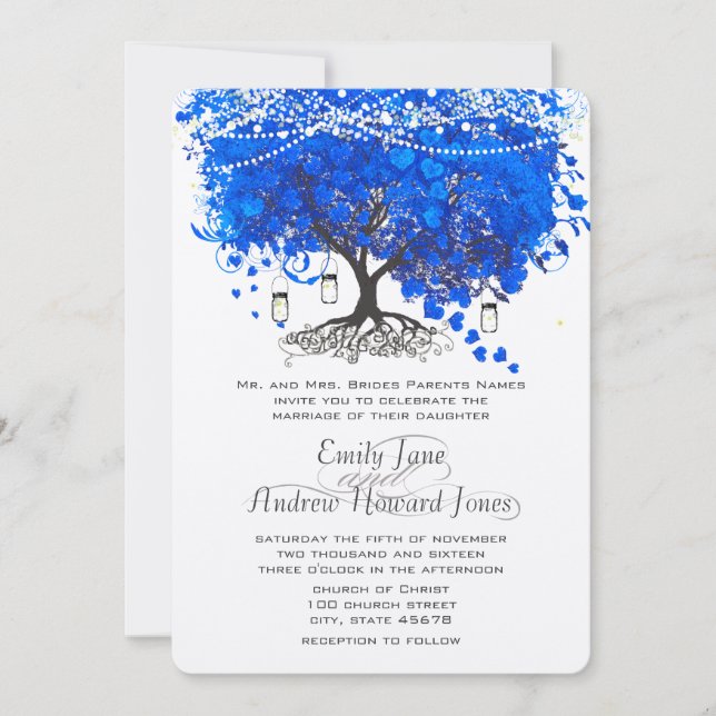 Invitación Boda de árbol de hojas de corazón azul cobalto (Anverso)