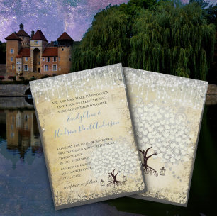 Invitación Boda de árbol de hojas de corazón azul medieval re