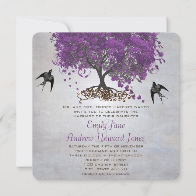 Invitación Boda de árbol de hojas de corazón púrpura (Anverso)