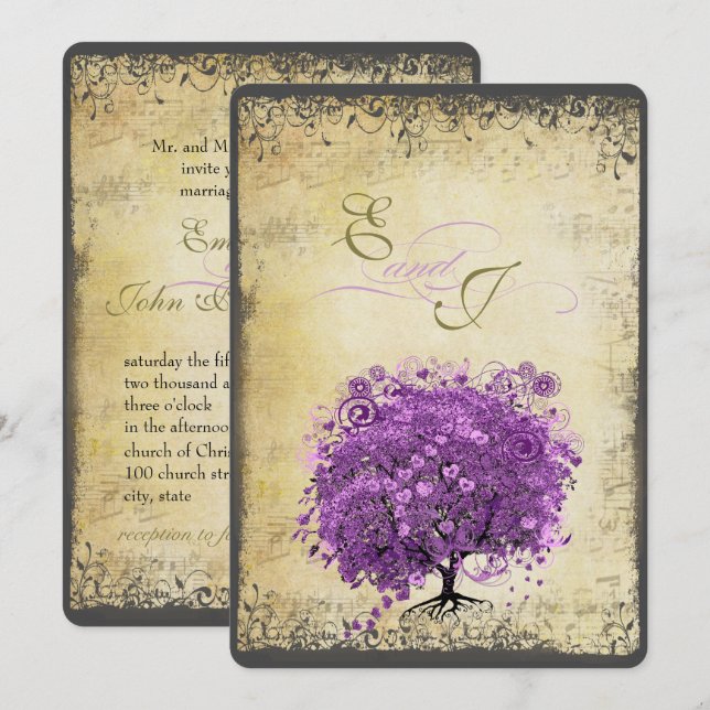 Invitación Boda de árbol de hojas de corazón púrpura radiante (Anverso / Reverso)