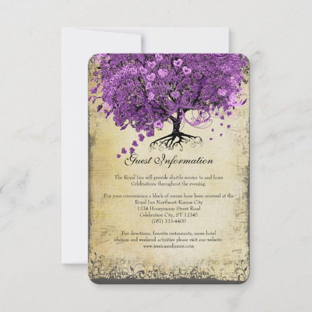 Invitación Boda de árbol de hojas de corazón púrpura radiante (Anverso)
