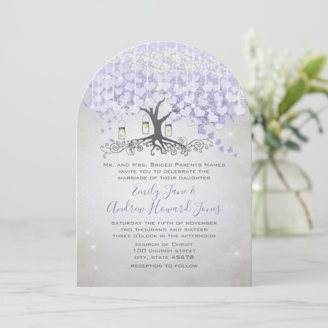 Invitación Boda de árbol de hojas de corazón ultravioleta de  (Anverso de pie)