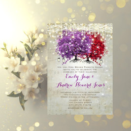Invitación Boda de árbol de hojas del corazón rojo púrpura mu