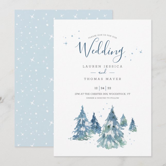 Invitación Boda de Árbol de Invierno Rústico de Acuarela (Anverso / Reverso)