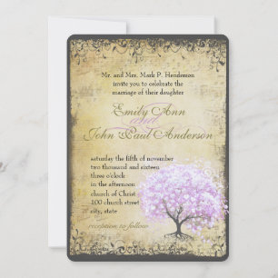 Invitación Boda de árbol de lavanda de hojas de corazón de la