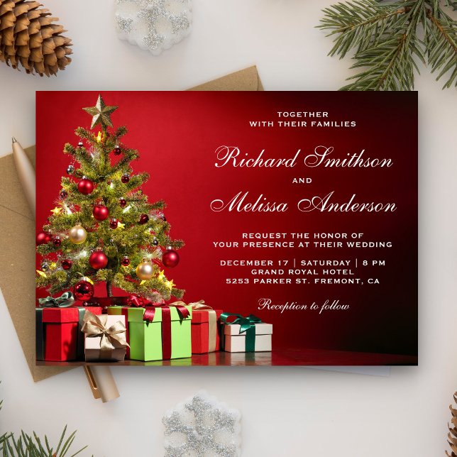 Invitación Boda de árbol de navidad de festividad roja (Subido por el creador)
