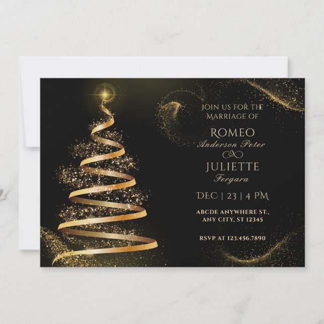 Invitación boda de árbol de navidad elegante y dorado negro (Anverso)