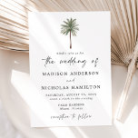 Invitación Boda de árbol de palmas mínimo<br><div class="desc">Invitaciones a bodas tropicales con un solo ilustracion de palmera en la parte superior de la invitación. Personalice las invitaciones de boda de la palmera con sus nombres y detalles bodas en letras negras con un guión moderno escrito a mano que acentúe el diseño. La simple boda tropical invita a...</div>