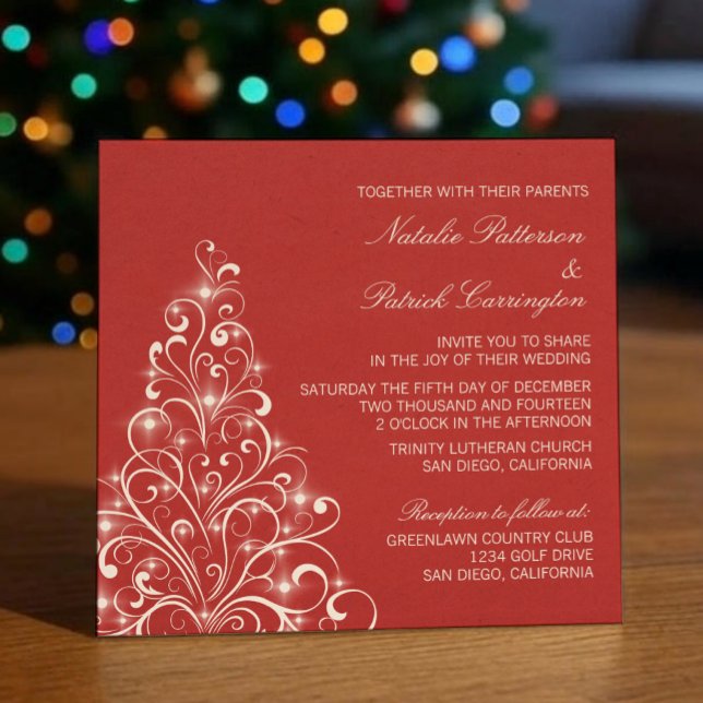 Invitación Boda de árbol de vacaciones espumoso, rojo (Red Sparkly Holiday Tree Wedding Invitation)