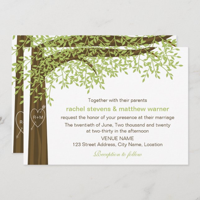 Invitación Boda de árbol del corazón de primavera y verano (Anverso / Reverso)