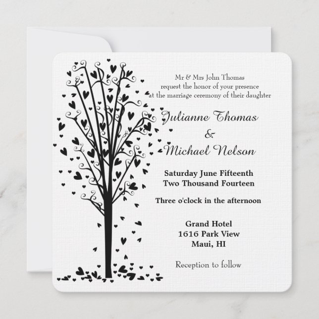 Invitación Boda de árbol del corazón romántico (Anverso)