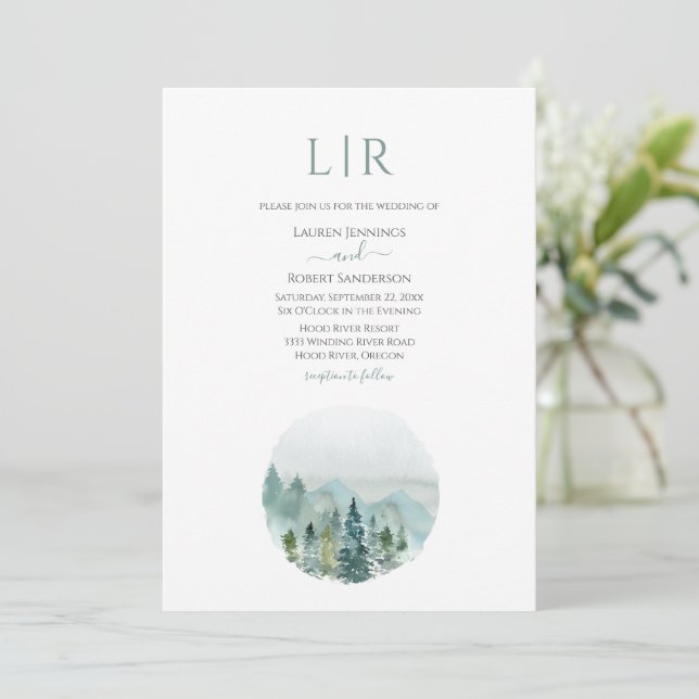 Invitación Boda de Árbol Evergreen de acuarela de montaña rus (Anverso de pie)