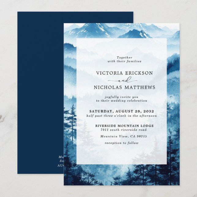 Invitación Boda de Árbol Evergreen Forestal Rústico de Montañ (Anverso / Reverso)