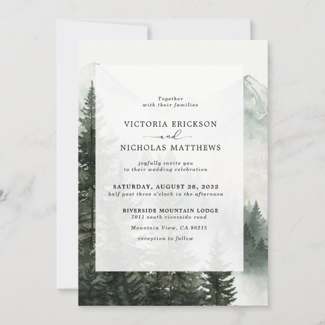 Invitación Boda de Árbol Evergreen Forestal Rústico de Montañ (Anverso)