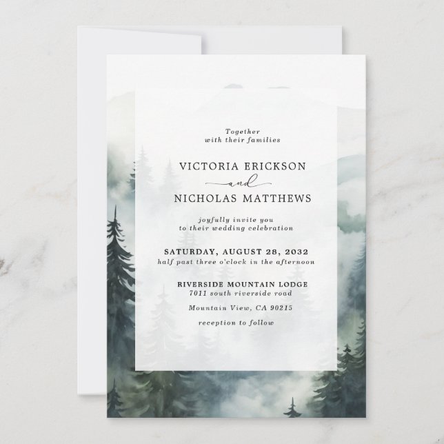 Invitación Boda de Árbol Evergreen Forestal Rústico de Montañ (Anverso)