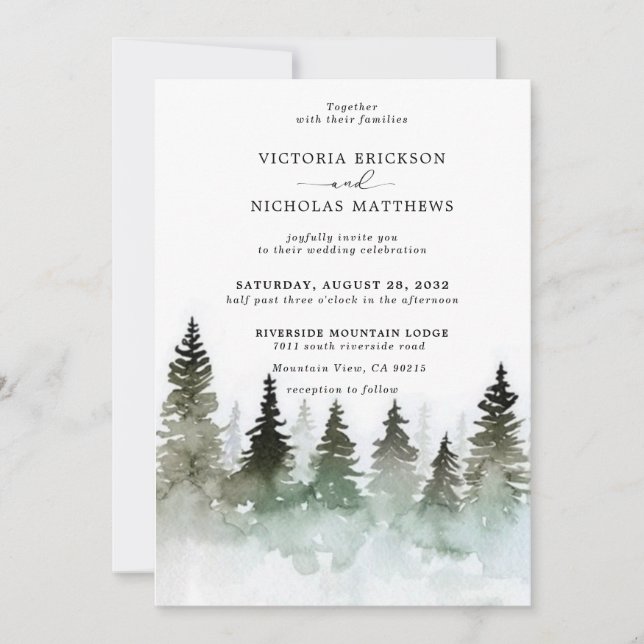 Invitación Boda de Árbol Evergreen Forestal Rústico de Montañ (Anverso)