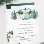 Invitación Boda de Árbol Evergreen Forestal Rústico de Montañ<br><div class="desc">El diseño presenta una elegante vista a las montañas de las acuarelas, una encantadora canoa al pie del río y un hermoso ramo de flores con fuentes modernas y elegantes. Estos diseños pueden ser personalizados para su ocasión especial y serían perfectos para su boda, ducha de novia, fiesta de compromiso,...</div>