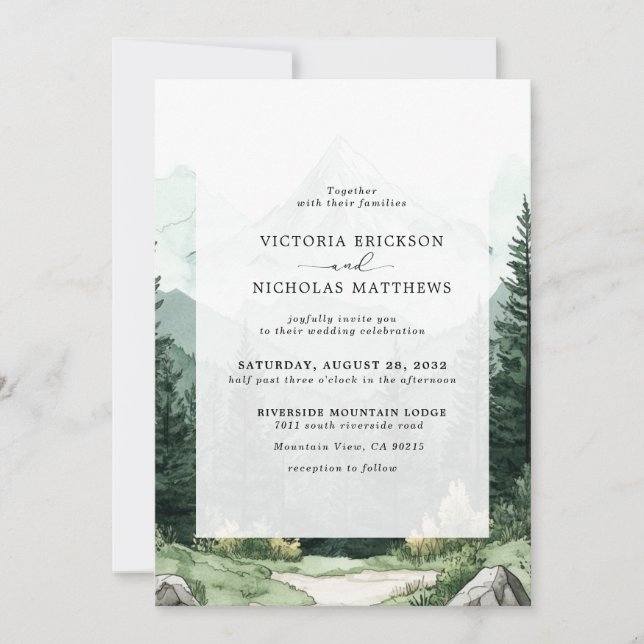 Invitación Boda de Árbol Evergreen Forestal Rústico de Montañ (Anverso)