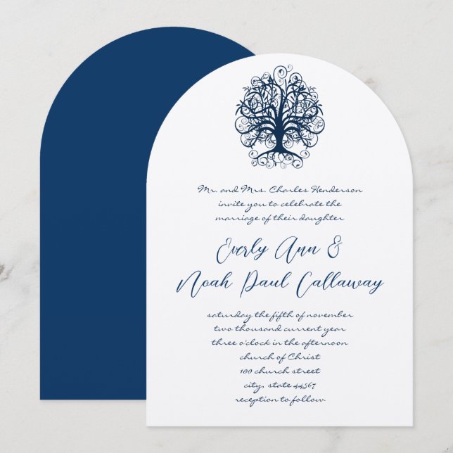 Invitación Boda de árbol giratorio de opulencia azul de media (Anverso / Reverso)