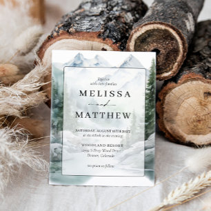 Invitación Boda de árbol perenne rústico acuarela de montaña