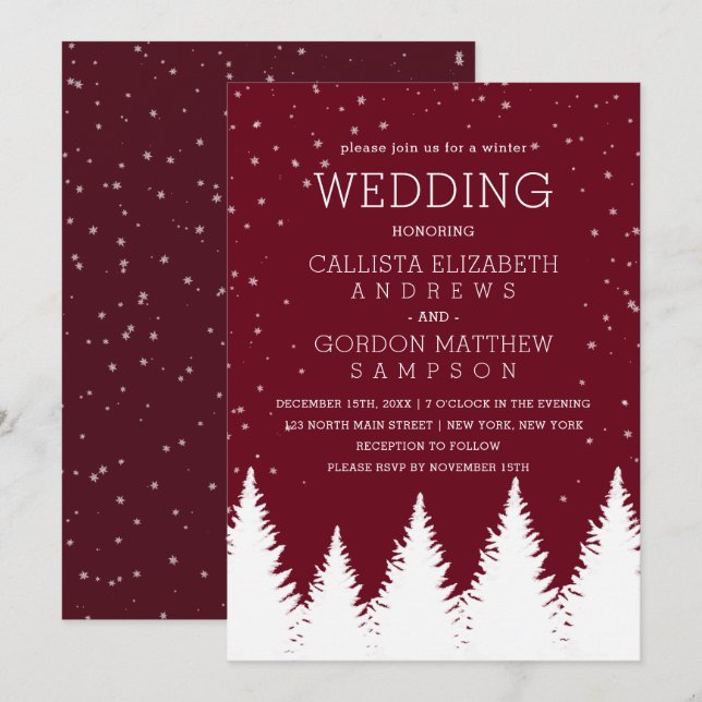 Invitación Boda de árboles de invierno de nieve que caen en B (Anverso / Reverso)
