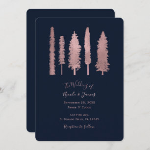 Invitación Boda de árboles de madera color azul oscuro y Rosa