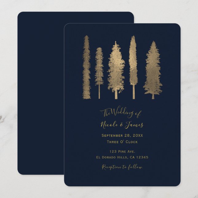 Invitación Boda de árboles de madera oscura azul y dorado de  (Anverso / Reverso)