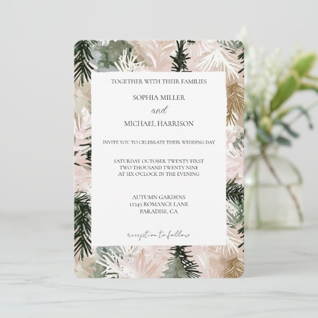 Invitación Boda de Árboles de Navidad Blanco y Verde Rosa (Anverso de pie)